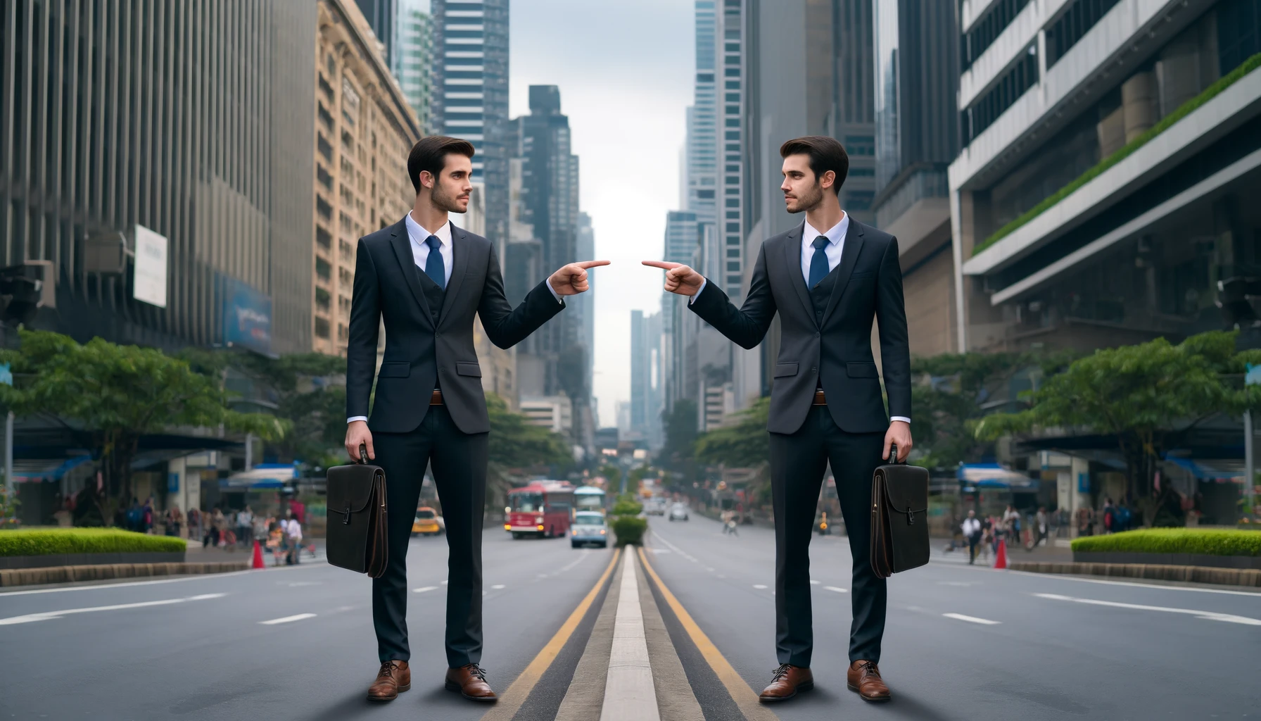 Professional man in a suit pointing at his identical clone, referencing the popular Spider-Man meme, symbolizing self-doubt